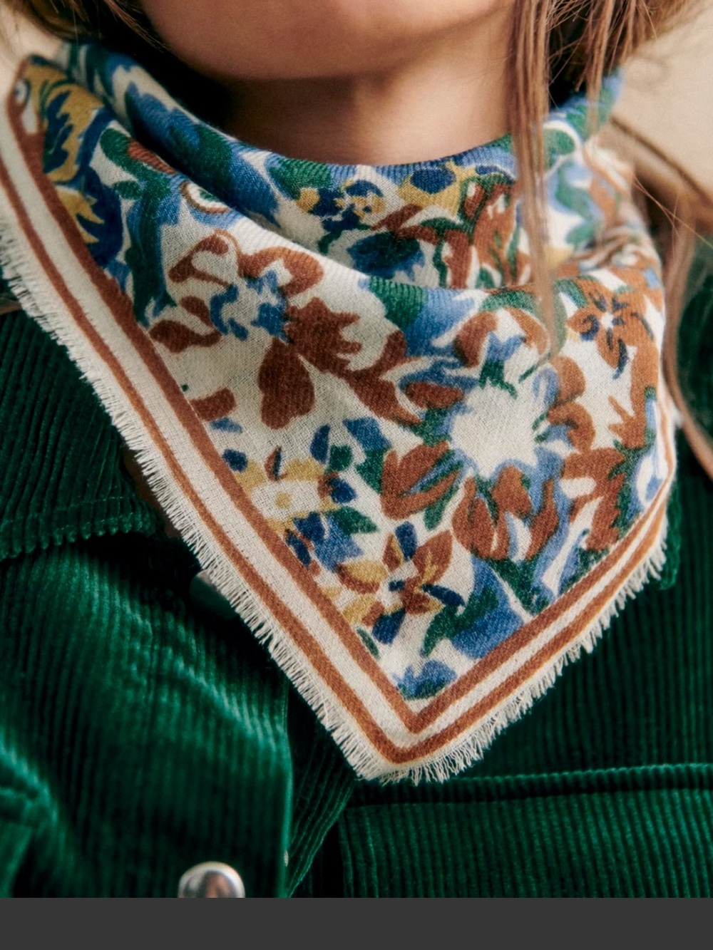 Floral Print Cotton Bandana Scarf - Brown, Blue, Green